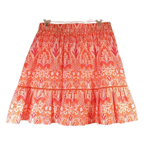 Loft Coral Fleur-de-Lis Elastic Waist Midi Skirt L Summer Office Siren Vacation - Picture 1 of 6